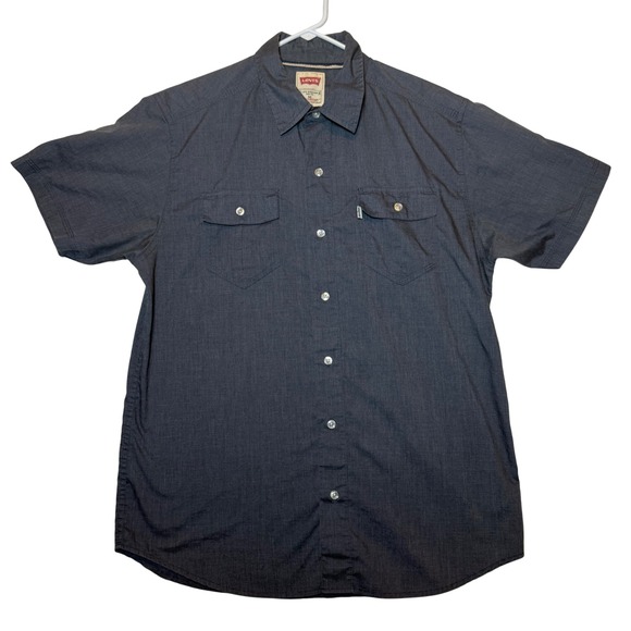 Levis Mens Modern Fit Short Sleeve Button Down Shirt Gray Chambray Casual Medium - Picture 1 of 8